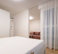 Dvoupokojový byt s postelí, podlahou s dřevěným dekorem a rozdělenou obývací částí.