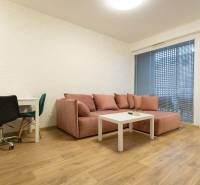 Obývací pokoj v 2pokojovém bytě s pohovkou, stolem a podlahou s dřevěným dekorem.