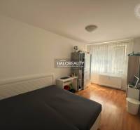 Ložnice ve 3pokojovém bytě s postelí, podlahou s dřevěným dekorem a úložnými prostory.