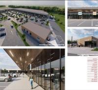 Vizualizace obchodního centra v Lozornu na Borovicové ulici s parkovištěm a fastfoodem.