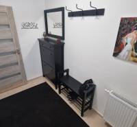 Chodba v 3-pokojovém bytě s obrazem, skříňkou a věšákem.