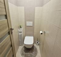 Toaleta v 3-pokojovém bytě s obkladem a podlahou s dřevěným dekorem.