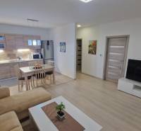 Obývací pokoj s kuchyní, podlaha s dřevěným dekorem, jídelní stůl, sedačka, TV stolek.