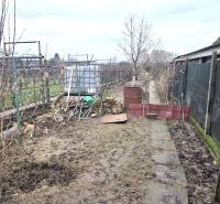 Zahrada rodinného domu v Dolních Orešanech se zásobníkem na vodu a nádobou.