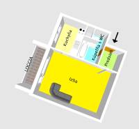 Půdorys 1-pokojového bytu s předsíní, koupelnou a lodžií.