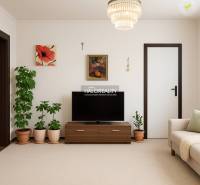 Obývací pokoj v rodinném domě s televizí, pokojovými rostlinami a dekoracemi.