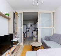 Obývací pokoj v 2pokojovém bytě s kuchyní a podlahou s dřevěným dekorem.