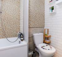 Koupelna s vanou, toaletou, mozaikou na stěně a policemi na doplňky.