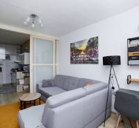 Obývací pokoj v 2-pokojovém bytě s podlahou s dřevěným dekorem, šedou pohovkou a přístupem do kuchyně.