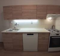 Kuchyně s dřevěným dekorem, dřezem, myčkou a sporákem v 3-pokojovém bytě.