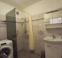 Koupelna se sprchovým koutem, pračkou a zrcadlovou skříňkou v 3-pokojovém bytě.