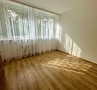Pokoj v 3-pokojovém bytě s podlahou s dřevěným dekorem a velkým oknem.