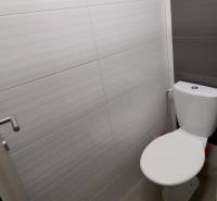 Koupelna v rodinném domě s moderními dlaždicemi a jednoduchým designem WC.