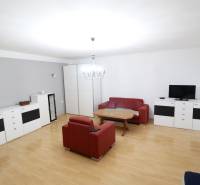 Obývací pokoj v rodinném domě s podlahou s dřevěným dekorem a červenou sedačkou.