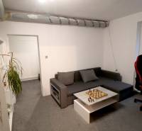 Obývací pokoj s pohovkou, šachovnicí a kobercem v rodinném domě.