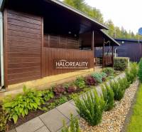 Dřevěná chatka v zahradách v Bytči, obklopená udržovanou zelení a chodníkem z dlaždic.