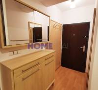 Chodba v 2-pokojovém bytě s podlahou s dřevěným dekorem, zrcadlem a skříňkou.