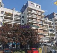 Bytový dům se zelení na ulici Drieňová, Bratislava - Ružinov, parkovací místa vpředu.