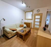 Obývací pokoj v 2-pokojovém bytě s pohovkou, lampou a podlahou s dřevěným dekorem.