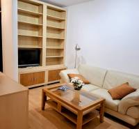 Obývací pokoj v 2pokojovém bytě s koženou sedačkou a vestavěnou policí.