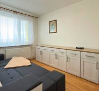 Pokoj s pohovkou, nábytkem a podlahou s dřevěným dekorem ve 3pokojovém bytě.