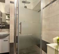 Sprchový kout s moderními obklady a umyvadlem v 3-pokojovém bytě.