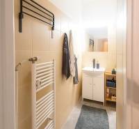 Koupelna ve 3-pokojovém bytě se světlými obklady, umyvadlem a žebříkovým radiátorem.