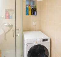 Koupelna třípokojového bytu se sprchovým koutem a pračkou, béžové obklady.