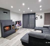 Obývací pokoj v rodinném domě s krbem, šedou sedačkou a televizorem, podlaha s dřevěným dekorem.