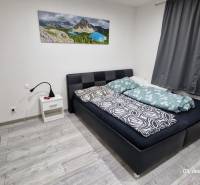 Ložnice v rodinném domě s postelí, nočním stolkem a podlahou s dřevěným dekorem.