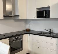 Kuchyně v 1-pokojovém bytě s bílými skříňkami, černou pracovní deskou a podlahou s dřevěným dekorem.