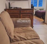 Obývací pokoj s pohovkou a televizorem, v pozadí pokoj s podlahou s dřevěným dekorem.