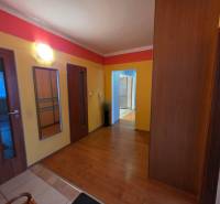 Barevná chodba ve 4-pokojovém bytě s podlahou s dřevěným dekorem, vestavěná skříň.