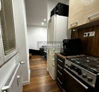 Kuchyně v 1-pokojovém bytě s podlahou s dřevěným dekorem, sporákem a lednicí.