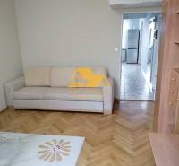 Obývací pokoj ve 3pokojovém bytě s podlahou s dřevěným dekorem a světlou sedačkou.