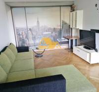 Obývací pokoj s piškotovou pohovkou, tapetou New Yorku a podlahou s dřevěným dekorem ve 3pokojovém bytě.