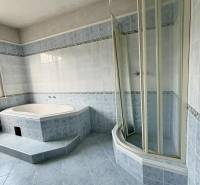 Koupelna v rodinném domě s rohovou vanou a sprchovým koutem.