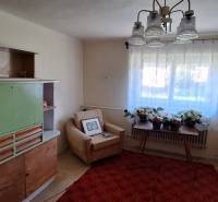 Obývací pokoj v rodinném domě s křeslem, starší skříní a stolem s květinami.