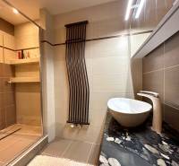 Koupelna ve 4-pokojovém bytě s vanou, sprchovým koutem a keramickým umyvadlem.