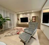 Obývací pokoj ve 4pokojovém bytě s pohodlným křeslem a podlahou s dřevěným dekorem.