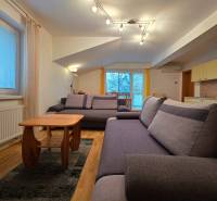 Světlý obývací pokoj v Rekreačním apartmánu s pohodlnými sedačkami a podlahou s dřevěným dekorem.