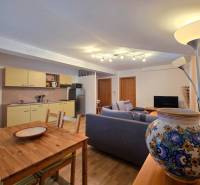 Obývací pokoj s kuchyňským koutem v rekreačním apartmánu, podlaha s dřevěným dekorem.