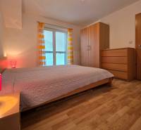 Ložnice v rekreačním apartmánu s podlahou s dřevěným dekorem, postelí a skříní.