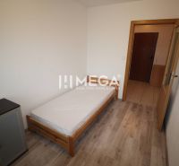 Ložnice s postelí, komodou a podlahou s dřevěným dekorem v dvoupokojovém bytě.