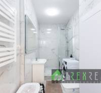 Koupelna se sprchovým koutem, pračkou a mramorovou stěnou ve 3-pokojovém bytě.