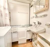 Kúpeľňa v 2-izbovom byte s vaňou, umývadlom a práčkou, podlaha s dreveným dekorom.