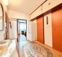 Vstupná chodba 2-izbového bytu s podlahou s dreveným dekorom a vešiakom.