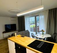 Kuchyňský ostrůvek s varnou deskou, jídelní stůl a pohovka v rodinném domě.