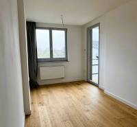 Pokoj v rodinném domě s podlahou s dřevěným dekorem a velkými okny.