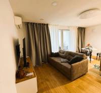 Obývací pokoj v rodinném domě s podlahou s dřevěným dekorem, šedou sedačkou a závěsy.